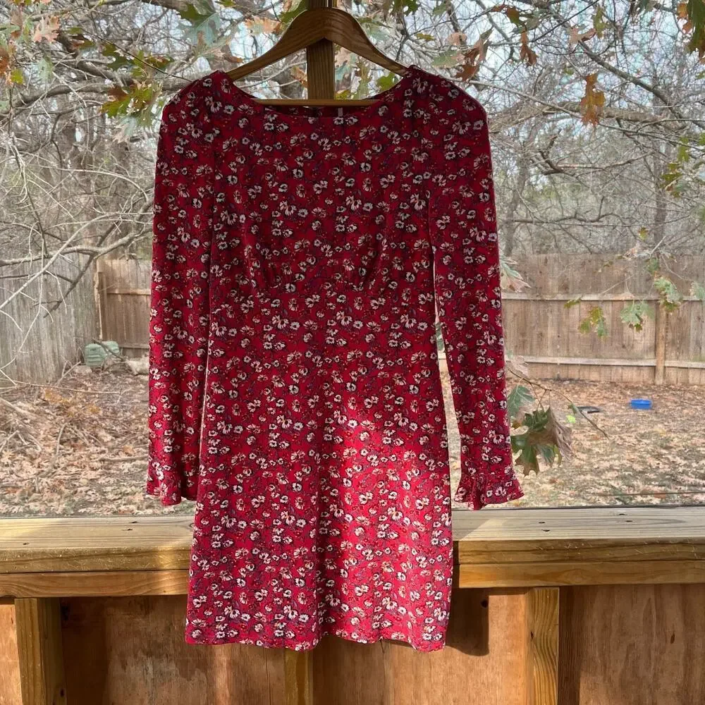 Free People Say Hello Mini Dress Red Floral Long Sleeves Size S